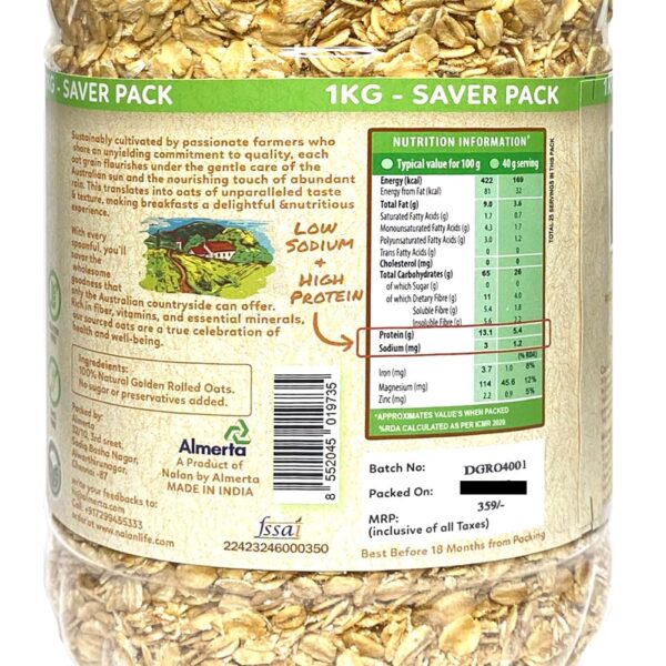 Nalan™ Daily Graze Rolled Oats - 1kg Jar Pack - 2X Fiber & Protein Australian Oats