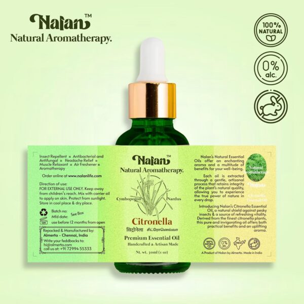 Nalan™ Citronella Aroma Oil 30ml - 100% Pure - Premium Therapeutic Grade with Glass Dropper